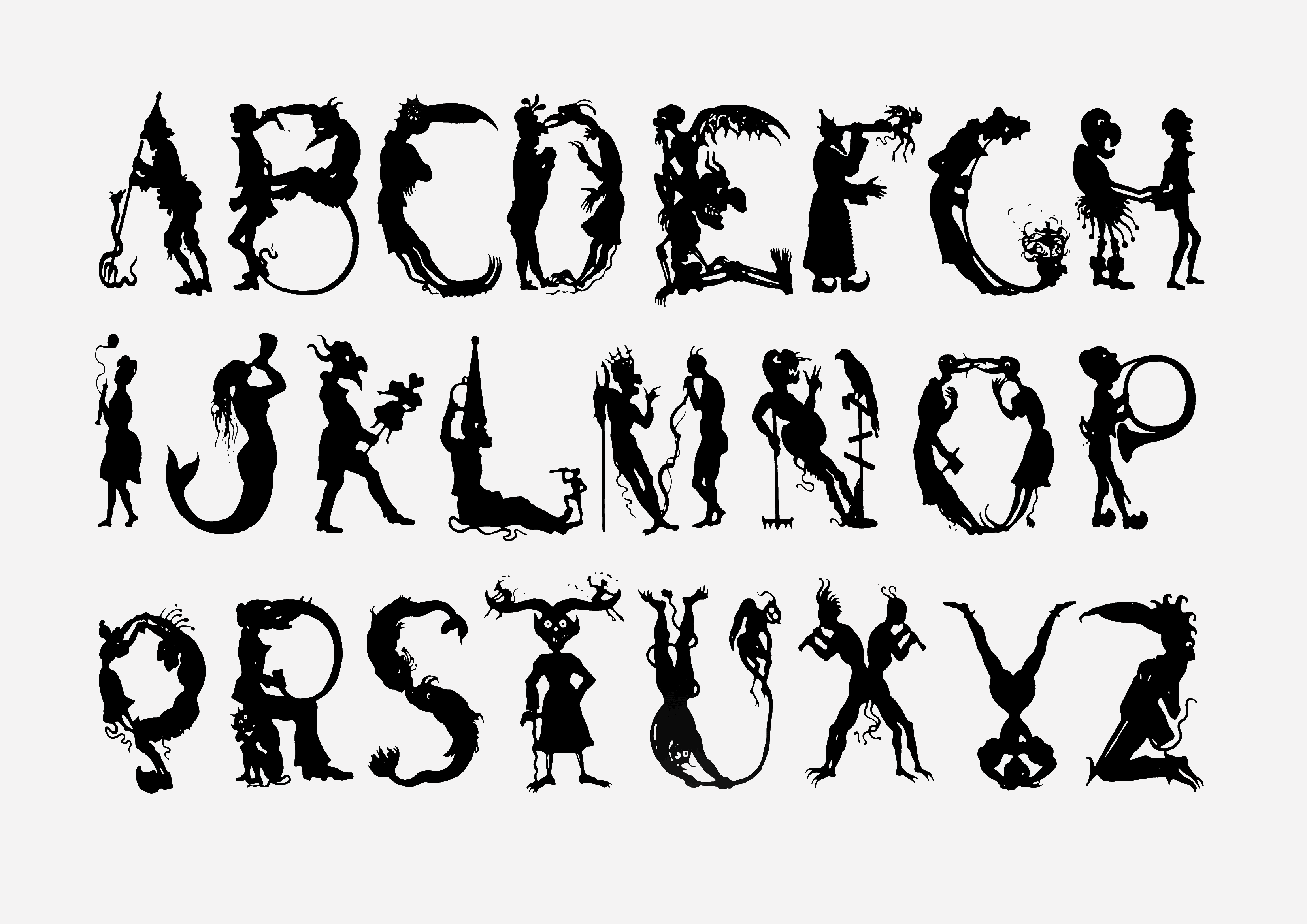 An animated gif of three images of black ink on off-white paper. Each letter of text is illustrated as a demonic creature. The first image is of the alphabet. The second says “Reading Is Yielding.” The third says “Johanna Hedva.